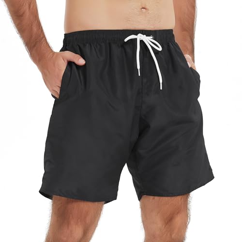 Men's Swim Trunks Quick Dry Swimwear 7 Inch with Mesh Lining - Medium Black