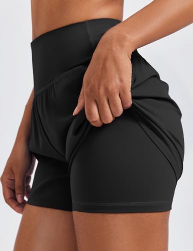 Medium Black Women's 2-in-1 High Waisted Athletic Running Shorts with 2 Zip Pockets