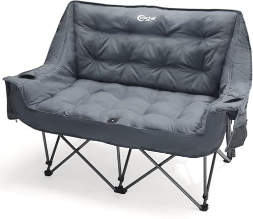Portal Pure Grey Double Camping Chair, 2 Person Folding Loveseat with Padded Cushions & Cup Holders