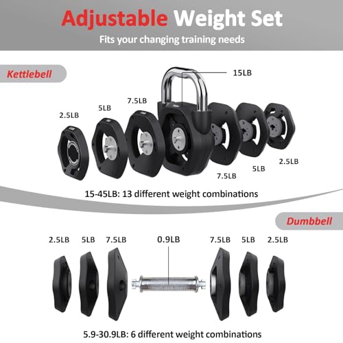 KDMURNVS Black 2-in-1 Adjustable Kettlebell & Dumbbell Set 15-45lbs