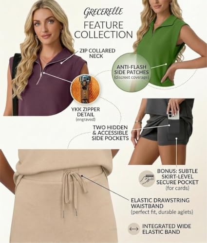 GRECERELLE Women's Summer Athletic 2-Piece Skort Set with Pockets - Small, Black