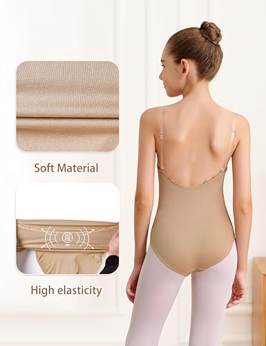 Girls Seamless Nude Camisole Leotard with Clear Straps - Size 10-14 Years
