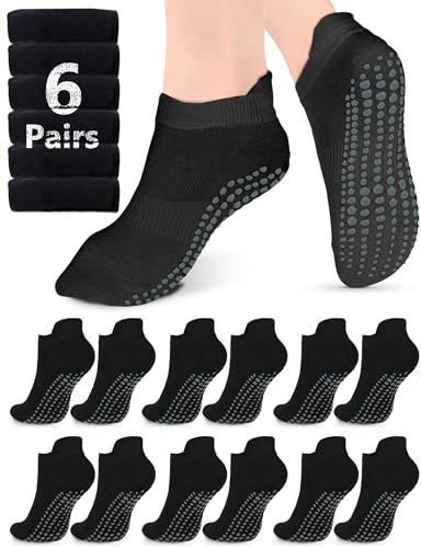Large 6 Pairs Grip Socks for Women Men Non Slip Yoga Pilates Barre Hospital Socks - Black