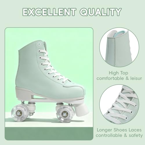 jessie Outdoor Roller Skates Women Adult with Light-Up Wheels, High Top PU Leather Skates with ABEC-7 Bearings for Indoor/Outdoor Skating, Ideal for Beginners(Green White, 39-24.5cm/9.55in)
