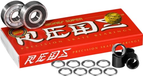 Bones Super Reds Skateboard Bearings 8 Pack with Spacers & Washers
