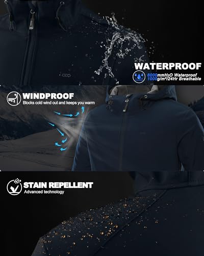 Men's Waterproof Hooded Rain Jacket - Fleece Lined, Lightweight, Loyal Blue, 33,000ft