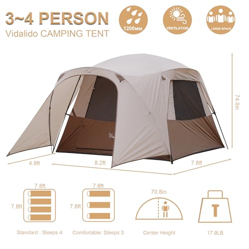 Vidalido Brown 4-Person Waterproof Family Camping Tent with Mesh Doors & Windows