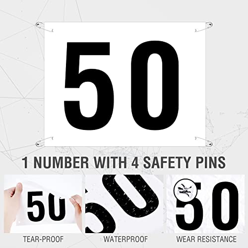 Marathon Running Bib Numbers Set 1-50 with Safety Pins - Reusable Nylon Race Bibs