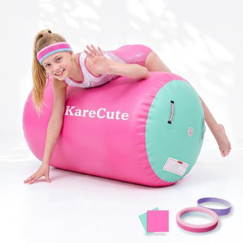 KareCute Mint Green & Pink Inflatable Gymnastics Mat 47.2" x 29.5" - Air Tumbling Track & Barrel Roller for Kids & Training