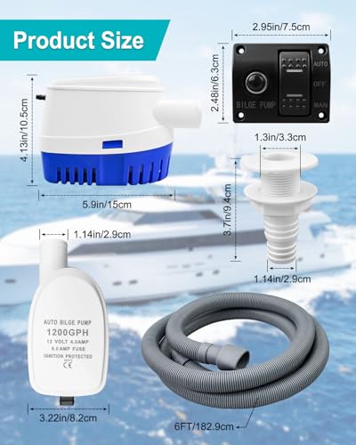 1200 GPH Automatic Bilge Pump for Boat with 3-Way Switch Panel - 12V, Saltwater Resistant