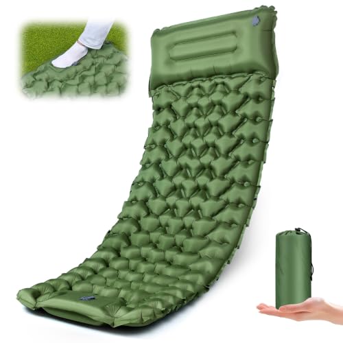 Green 4-Inch Thick Camping Sleeping Pad with Built-in Pillow & Foot Pump