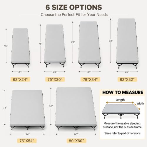 Grey Camping Cot Pad 2-Inch Memory Foam for Folding Cots - Portable, Waterproof, Non-Slip