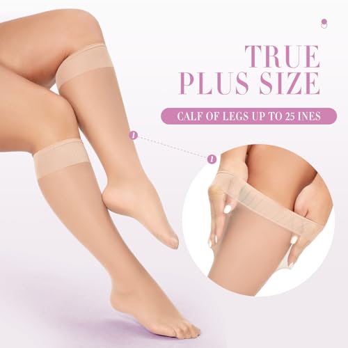 Plus Size Knee High Socks 15 Denier Sheer Nylon Stockings Black/Natural 3X-Large-4X-Large