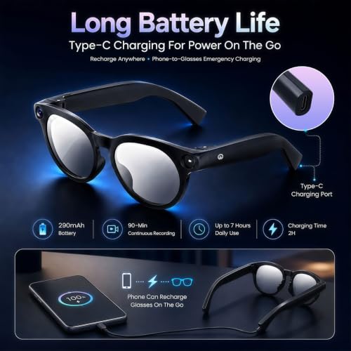 Black AI Smart Glasses with Camera 1080P HD Video Bluetooth Calls