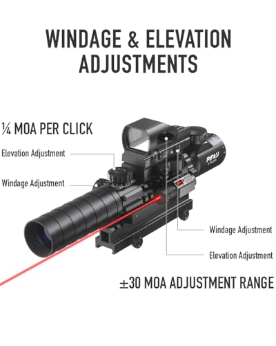 Pinty 3-9x32 4-in-1 Tactical Rifle Scope with Red-Green Dot & Laser Sight - Picatinny Mount