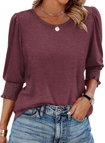 Women’s Dressy Casual Blouses with Smocked Cuffs - Burgundy, Large, 3/4 Sleeve Top