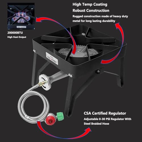 High Pressure Propane Burner Gas Cooker 200,000 BTU Outdoor Grill with Regulator & Steel Hose