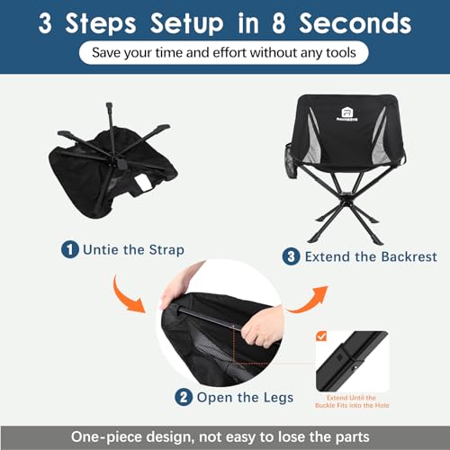 Raynesys Portable Swivel Camping Chair Black – 8 Sec Quick Setup, Lightweight & Foldable