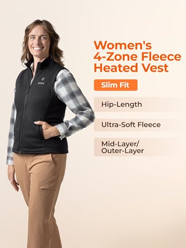 Women’s Heated Fleece Vest - Lightweight 4-Zone Layer Vest, Medium Black