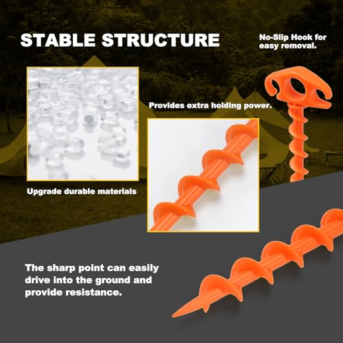 Heavy Duty Spiral Tent Stakes Ground Anchors - 6 Pack Orange, 9.4 Inch