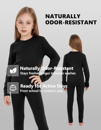 Kids Unisex Merino Wool Base Layer Set - Lightweight Thermal Underwear, Black, 11-12 Years | Woolcano