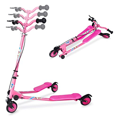 Pink Kids Swing Scooter with 3 Wheels, Adjustable Height & Foldable Design for Ages 5-12
