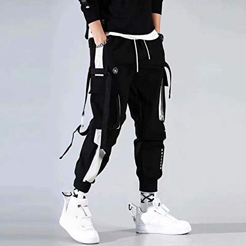 Men's Jogger Pants Punk Cargo Baggy Techwear Streetwear Hip Hop Couple Women Unisex Sports Casual Pants (Black-08,Large)