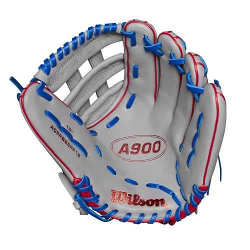 Wilson A900 Youth Baseball Glove 12" Left Hand Throw Grey/Red/Royal, Utility Style
