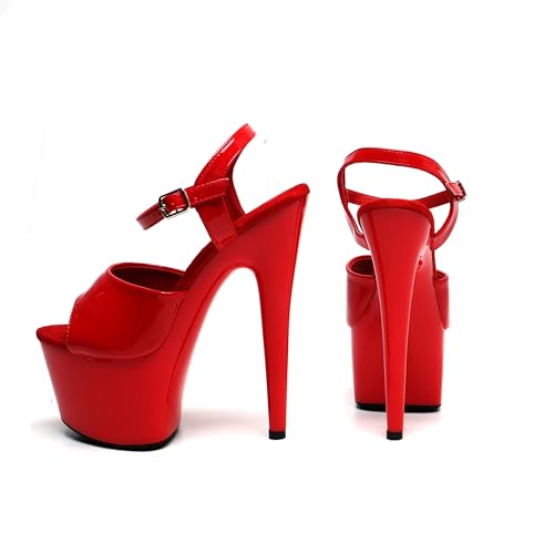 Red Women's 7-Inch Platform Heel Sandals with Ankle Strap - Sexy Pole Dance Shoes