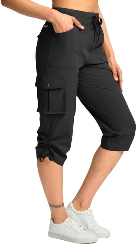 Pudolla Women's Cargo Capri Pants - Lightweight Quick-Dry Hiking Capris with 5 Pockets for Summer Travel
