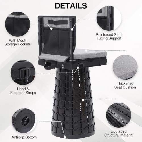 Portable Collapsible Stool with Cushion and Backrest for Adults, Adjustable Camping Seat