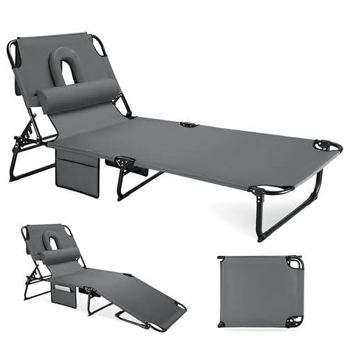Grey 3-in-1 Outdoor Folding Sun Tanning Lounge Chair with Adjustable Backrest & Face Openings - Pool & Beach