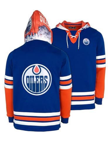 Edmonton Oilers Unisex Lace-Up Hockey Hoodie - Large Blue Recycled Fabric