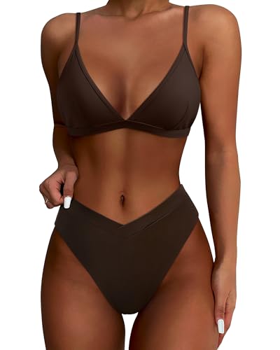 Women's Triangle High Cut Bikini Set - Dark Brown, Medium / 57, High Waisted 2-Piece Swimsuit