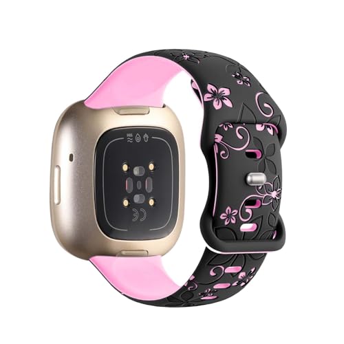Two-Tone Floral Engraved Silicone Sport Band for Fitbit Versa 3/ Versa 4/ Sense 2 - Black & Hot Pink