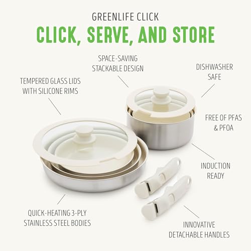 GreenLife Stainless Steel Nonstick 10-Piece Cookware Set with Detachable Handles - Induction Ready, Space Saving, Oven Safe, Glass Lids