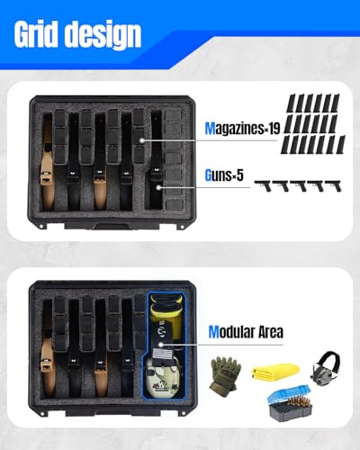 INCHOICASES Hard Shell Pistol Case for 3/5/8 Guns with 19 Mag Slots, 5-Pistol & 19 Magazine Storage, Waterproof & Shockproof