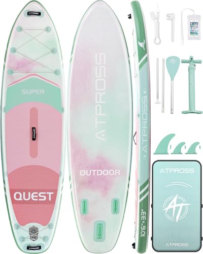 ATPROSS 10'6''x33'' Inflatable Stand Up Paddle Board with Kayak Seat - Extra Wide, Anti-Slip EVA Deck, 400lbs Capacity, Green