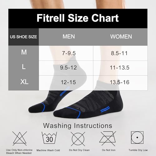 Men's Ankle Running Socks 6 Pack - Low Cut Cushioned Athletic Socks Black+Blue 9-12