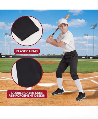 Girls Softball Pants Knickers Style with Pockets - Youth Kids, Regular 12.5-19" Inseam, Black