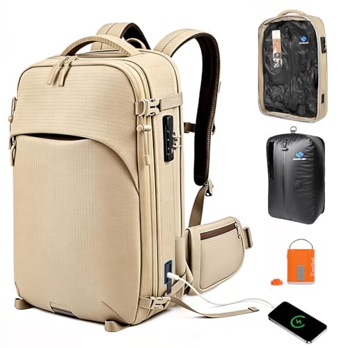 Beige 40-60L Vacuum Travel Backpack with Removable Hip Belt & Pump - Zurligi 60L Expandable Carry-On