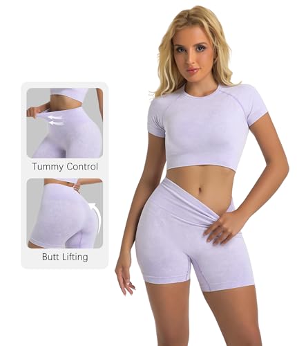 Women’s Acid Wash Workout Sets - Purple Medium, Crop Top & Running Shorts