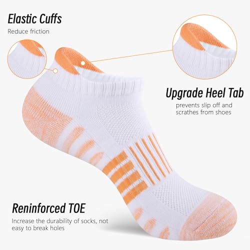 Ankle Socks Womens Athletic Cushioned Low Cut Tab Socks - White 6 Pairs