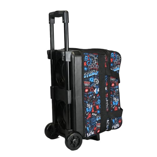 Bowling Ball Roller Bag with Wheels - Double Ball, Graffiti Print, Shoe Compartment, Extendable Handle
