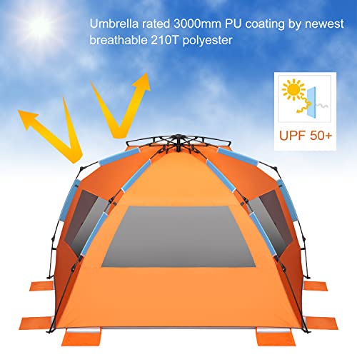 Oileus XL Waterproof Pop-Up Beach Tent - Orange, 5-6 Person Portable Shade