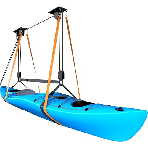 Garage Ceiling Kayak Hoist System with Pulleys for Watercraft Storage