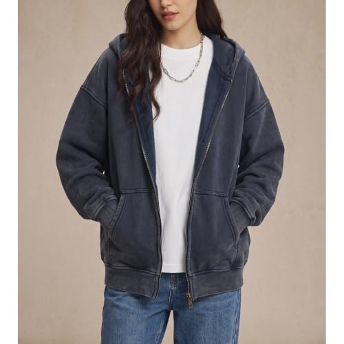 Unisex Double Zip Hoodie Sweatshirt Small Navy Blue Oversized Fleece