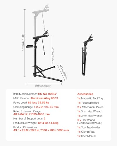 VEVOR Aluminum Bike Repair Stand 85 lb Capacity, Foldable Bicycle Maintenance Rack with Magnetic Tool Tray, Adjustable Height 40.7-64.1 in