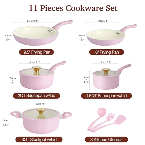 Pink Ceramic Non-Stick Pots and Pans Set 11pcs - M MELENTA, Compact Kitchen