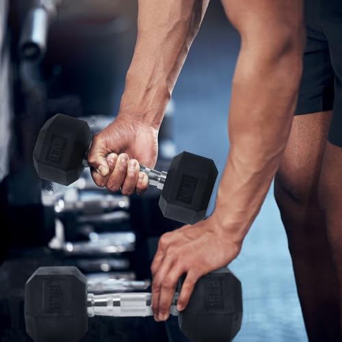 Black 60LB Signature Fitness Rubber Encased Hex Dumbbell Set with Rack